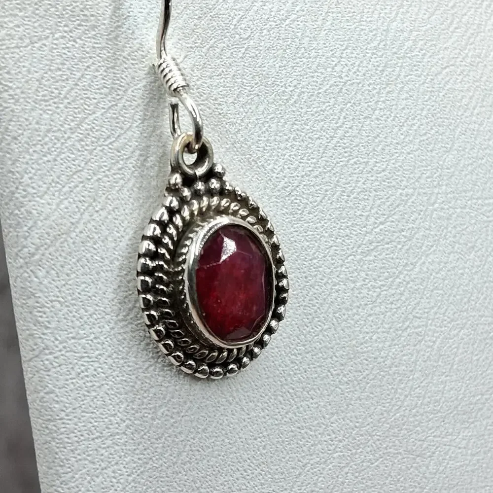 Sterling Silver Ruby Dangle Earrings 925 Bali Style Red Stone 1.25